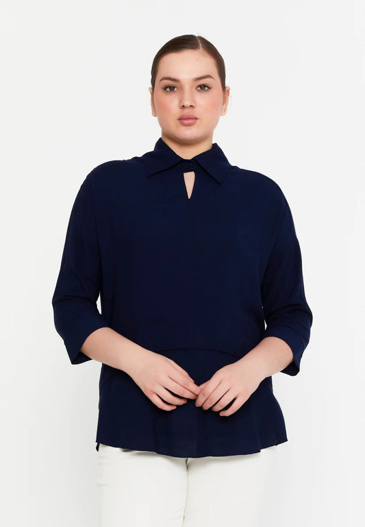 The Relaxed Fit V-Neck High-Low Blouse - Navi