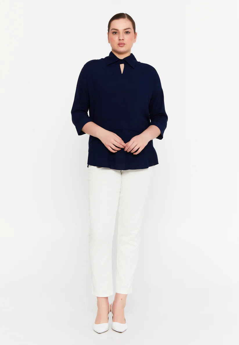 The Relaxed Fit V-Neck High-Low Blouse - Navi