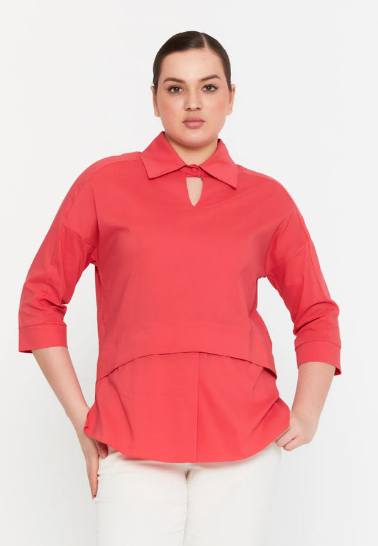 The Relaxed Fit V-Neck High-Low Blouse - Orange