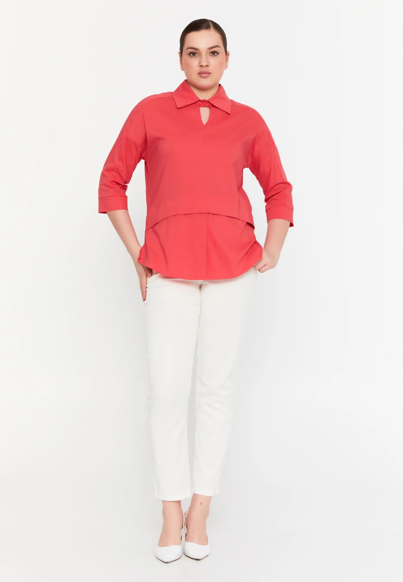 The Relaxed Fit V-Neck High-Low Blouse - Orange
