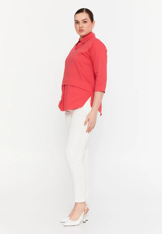 The Relaxed Fit V-Neck High-Low Blouse - Orange
