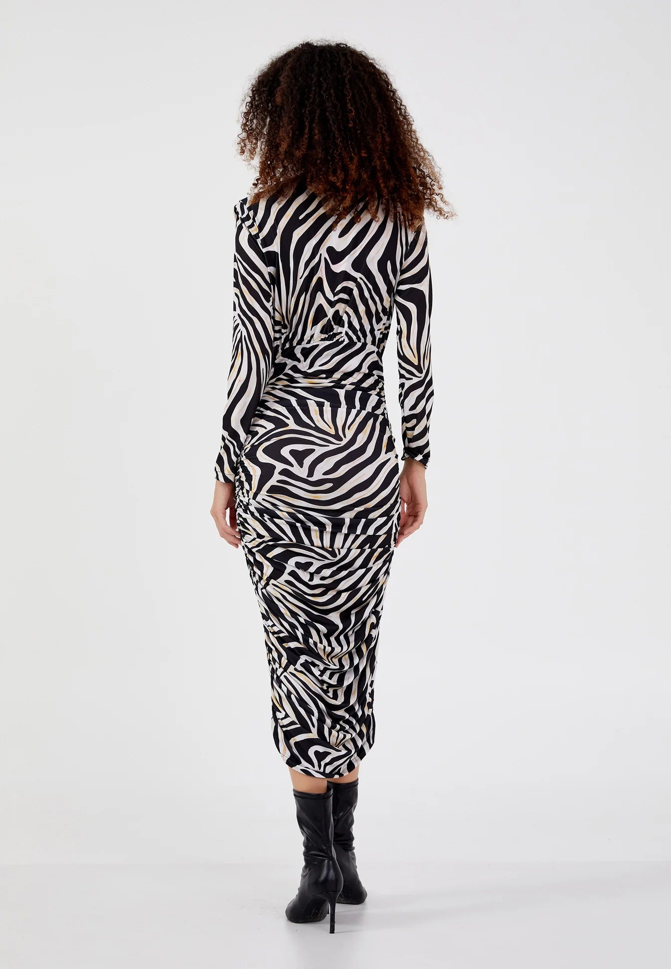 The Zebra Print Ruched Midi Dress