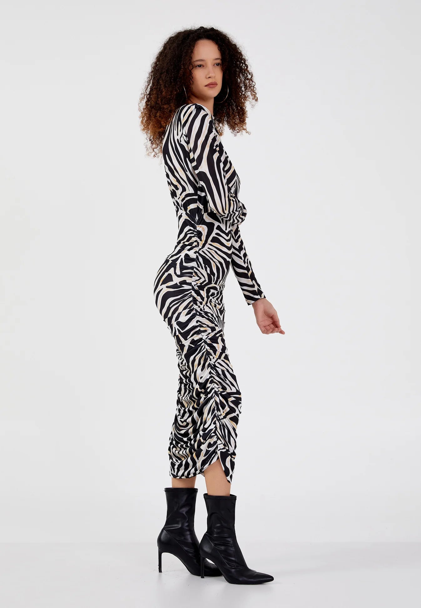 The Zebra Print Ruched Midi Dress