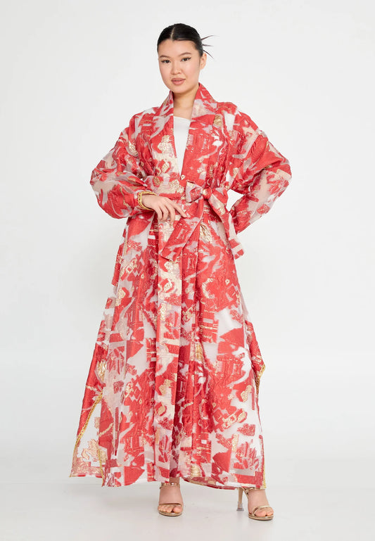 The Illuminated Tulle Wrap Abaya - Red