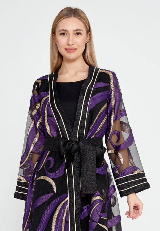 The Artistic Tulle Overlay Abaya with Metallic Accents - Purple