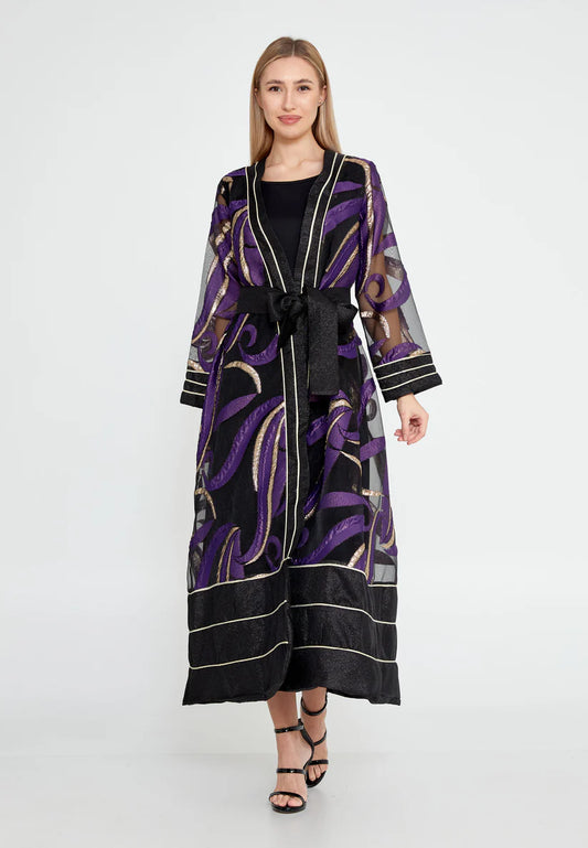 The Artistic Tulle Overlay Abaya with Metallic Accents - Purple