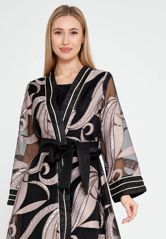 The Artistic Tulle Overlay Abaya with Metallic Accents - Pink