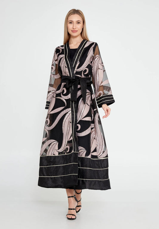 The Artistic Tulle Overlay Abaya with Metallic Accents - Pink