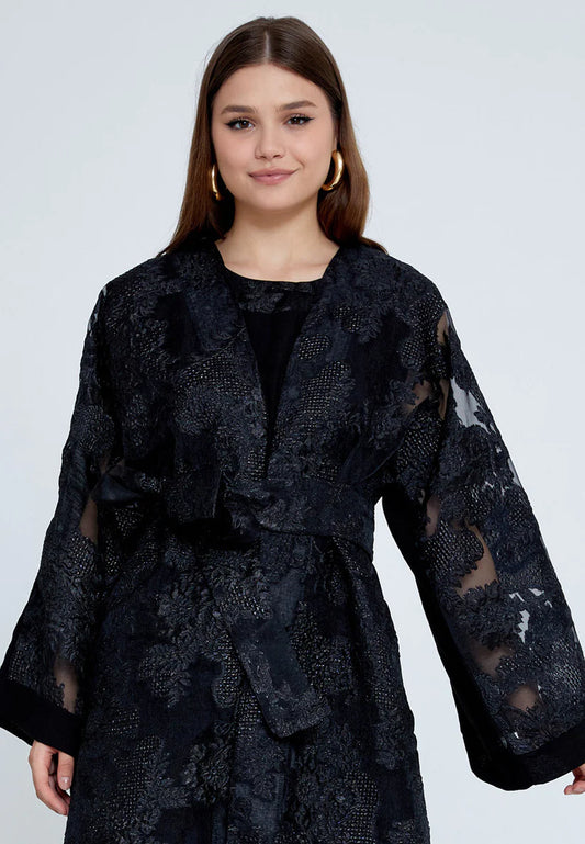 The Midnight Floral Tulle Overlay Abaya Set
